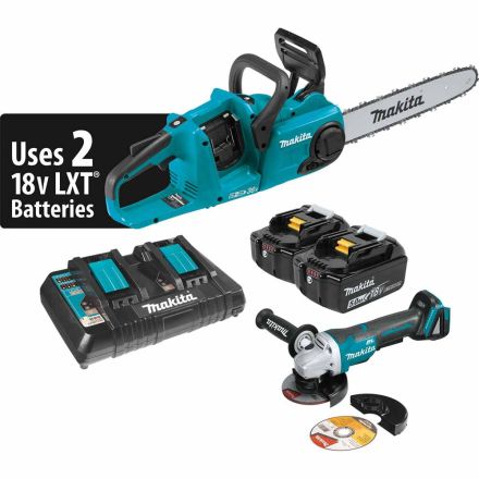 Makita XCU03PTX1 18V X2 (36V) LXT® Lithium-Ion Brushless Cordless 14 Inch Chain Saw Kit (5.0Ah) and Brushless Angle Grinder